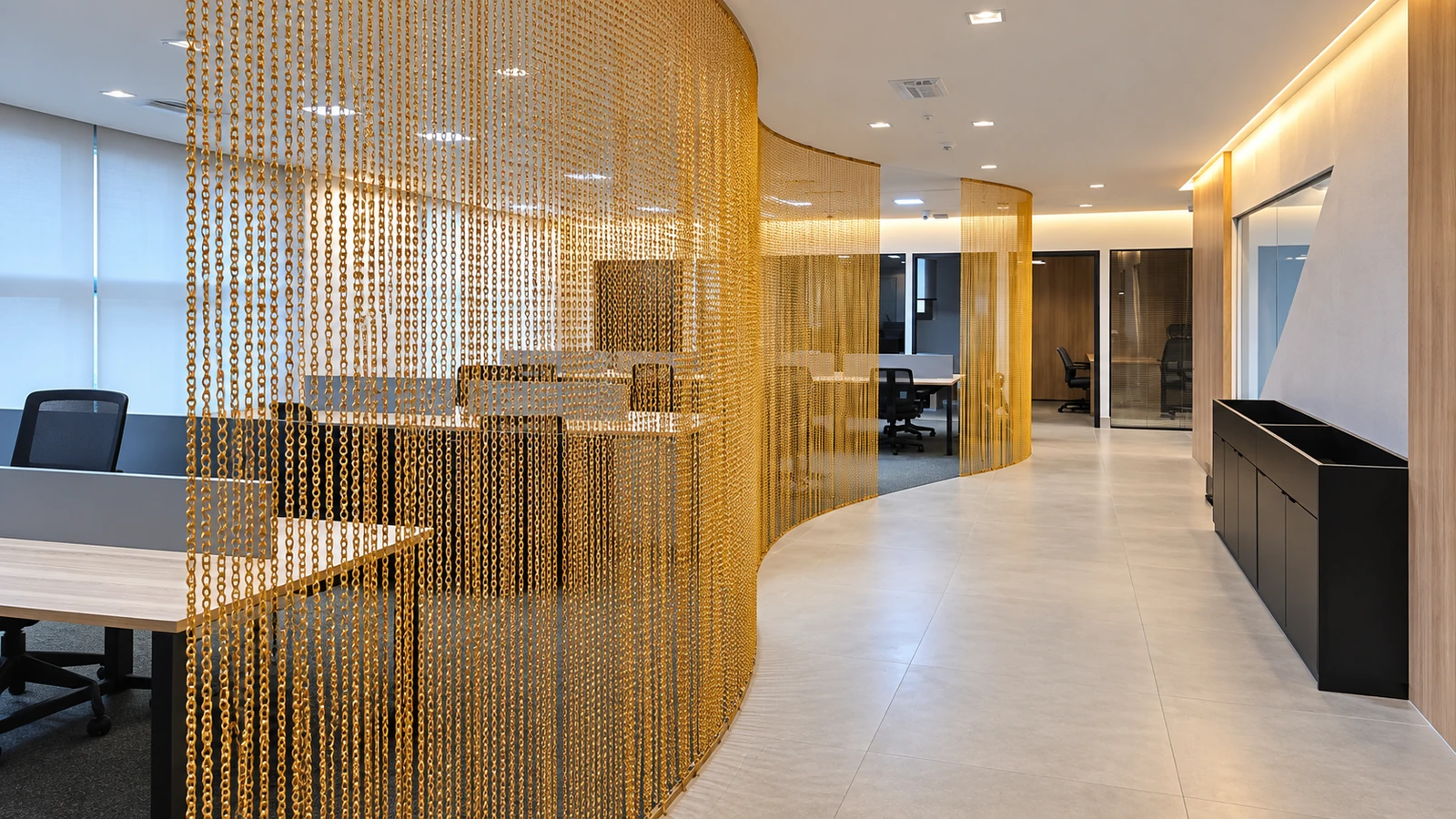 Divisória decorativa dourada em ambiente corporativo