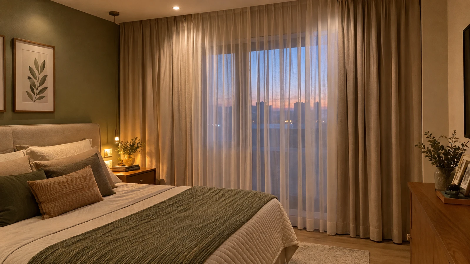 Quarto com cortina de tecido e forro
