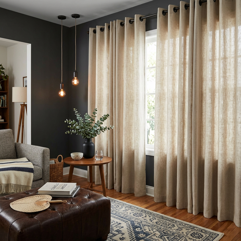 Cortinas de linho em sala acolhedora com sofá