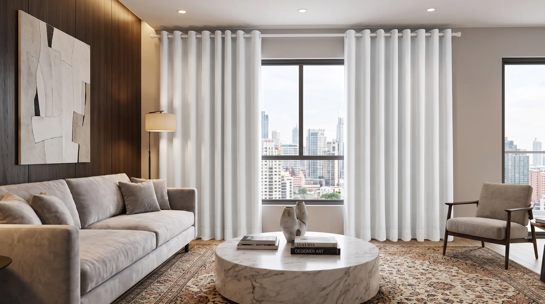 Cortinas brancas em sala com janela ampla