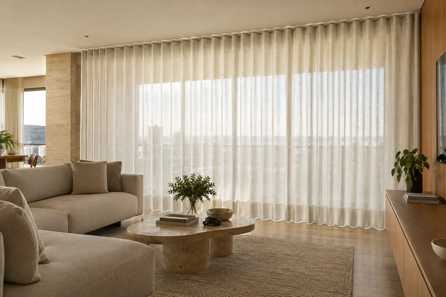 Sala com cortinas em ondas regulares diante das janelas