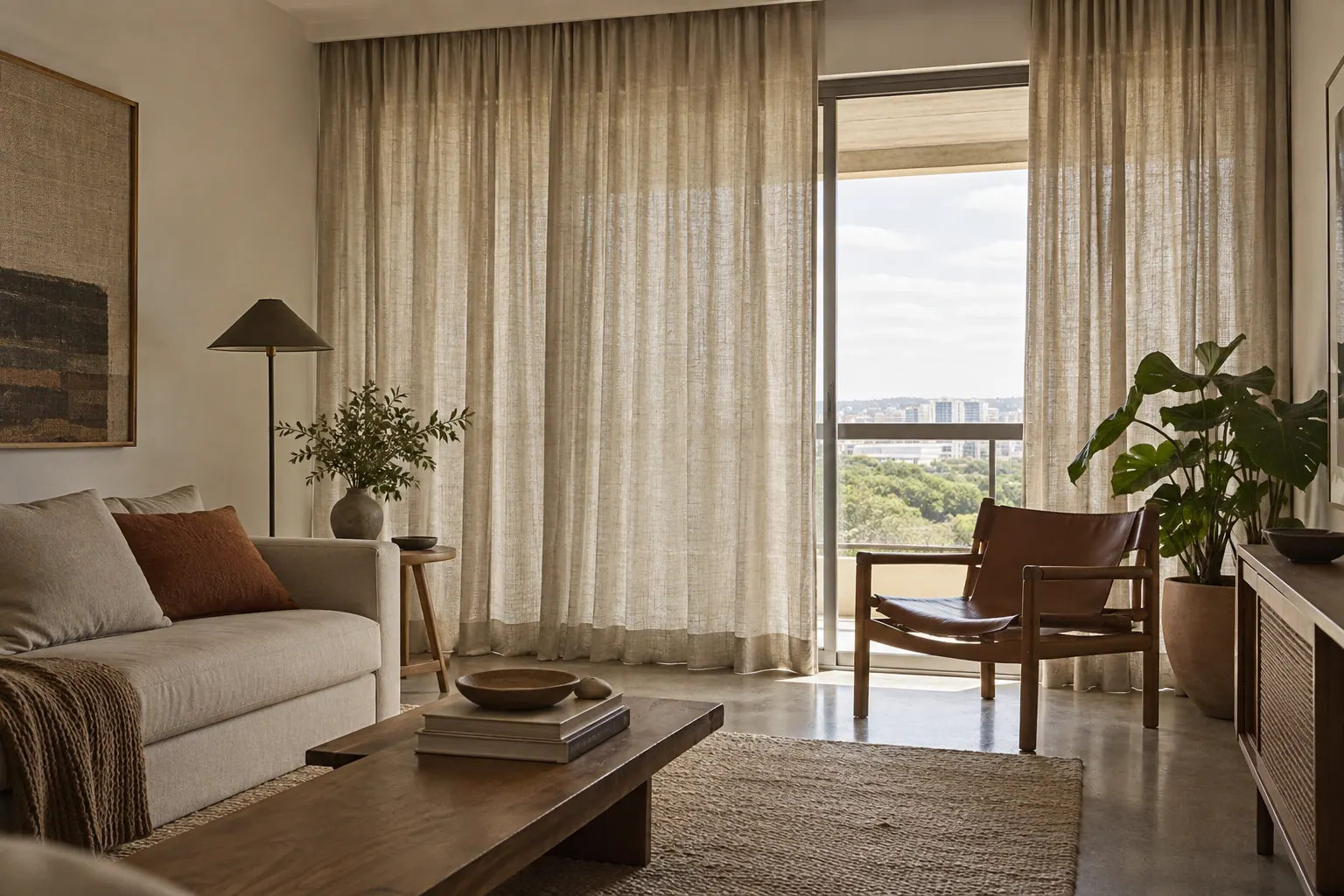 Sala com cortinas de textura aparente e tons naturais