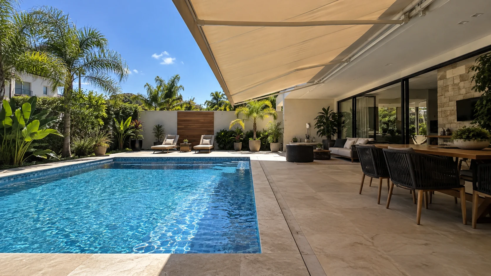 Casa com piscina ensolarada e toldo sombreando parte da área externa