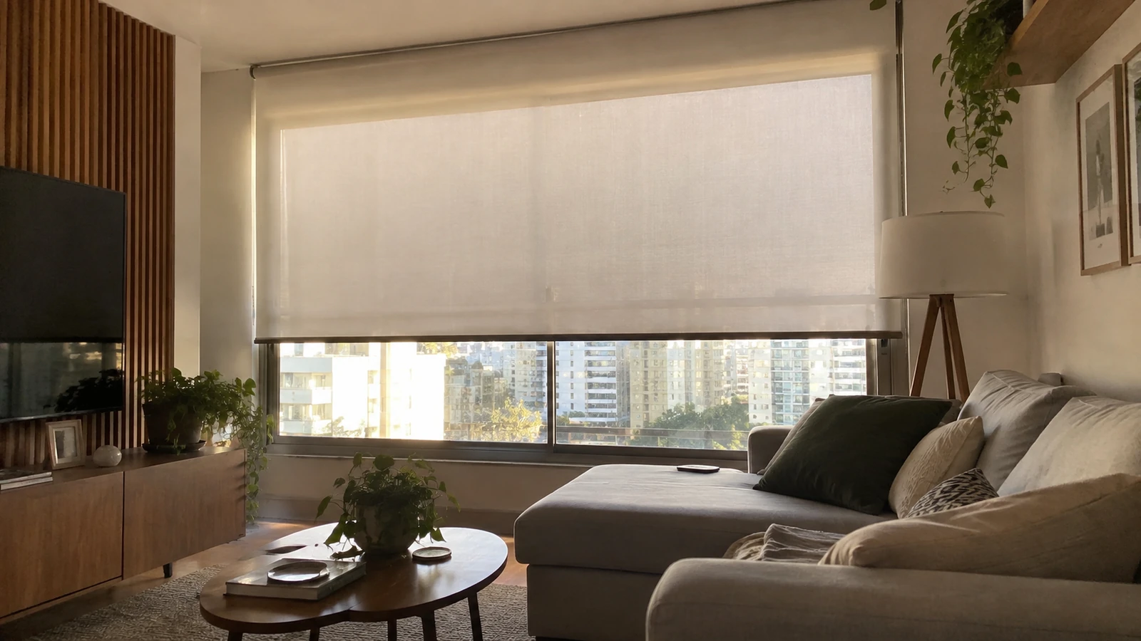 Home office com persiana rolô tela solar e luz filtrada