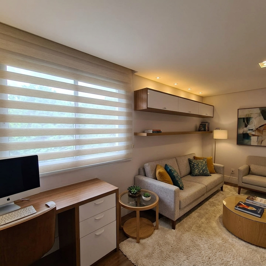 Persiana double vision em sala com sofá e mesa de trabalho