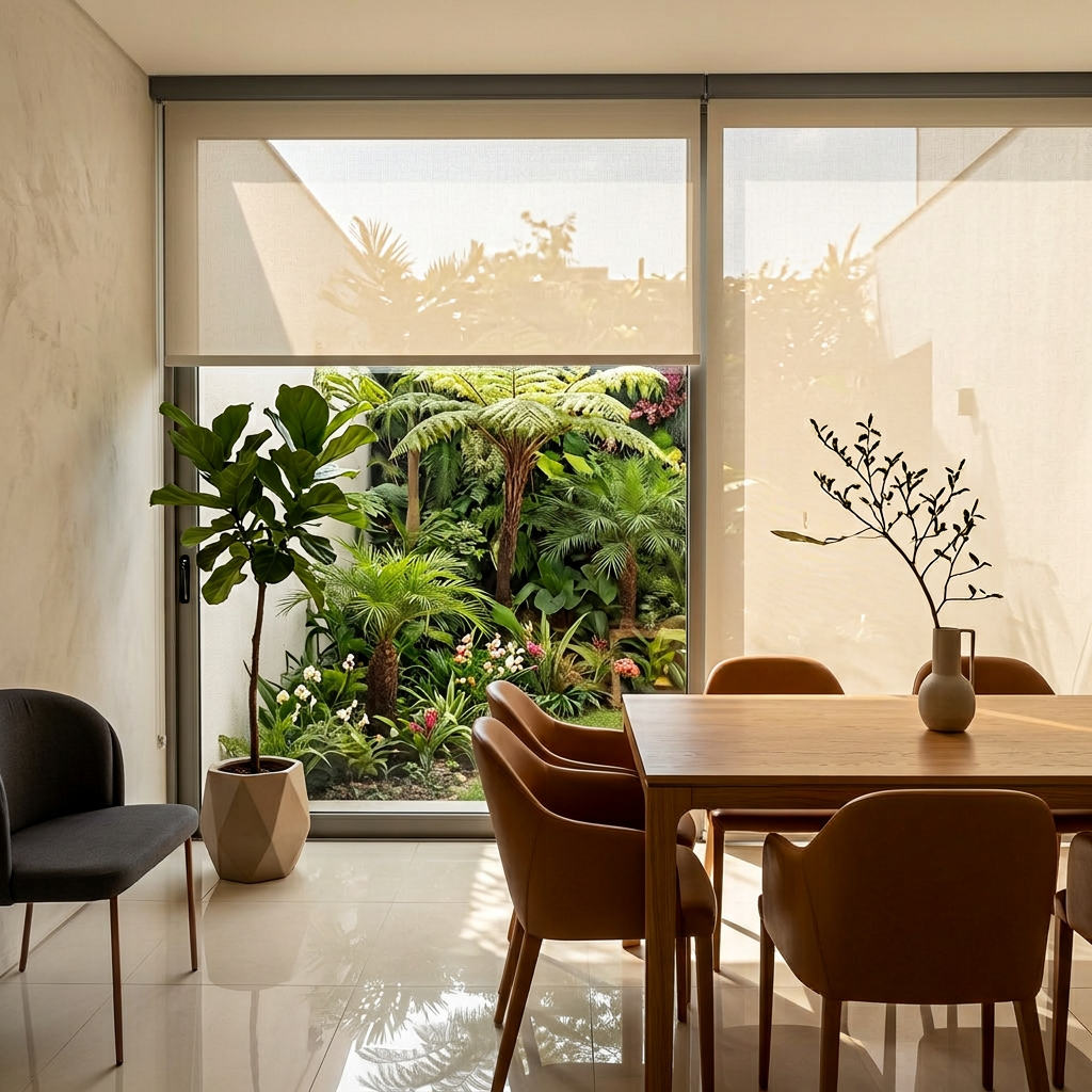 Persianas tela solar em sala de jantar com vista para jardim