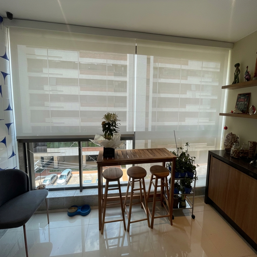 Persianas tela solar em varanda com mesa de madeira