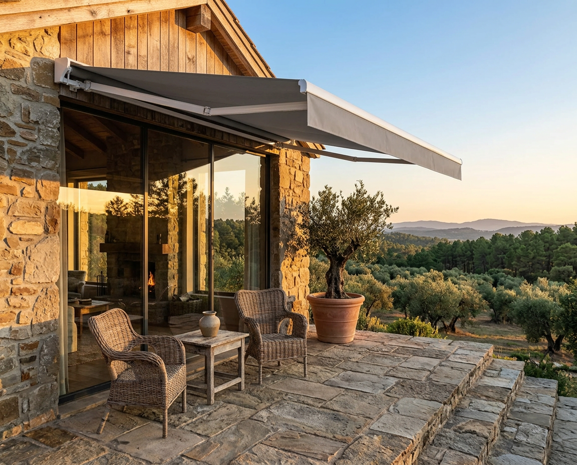 Toldo retrátil sobre terraço de casa com vista para a paisagem